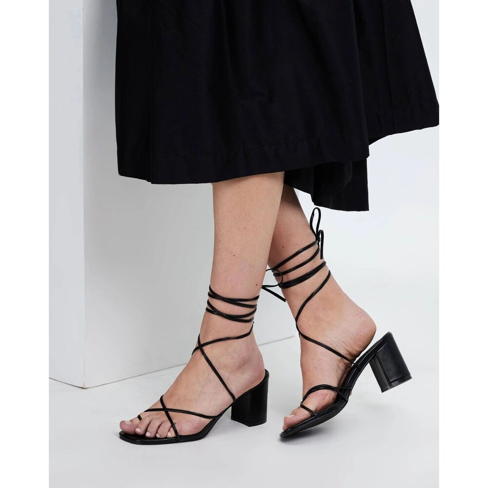 Billini Younes Black Strappy Block Heels - Lace Up Wrap Ankle Sandals - Size 6